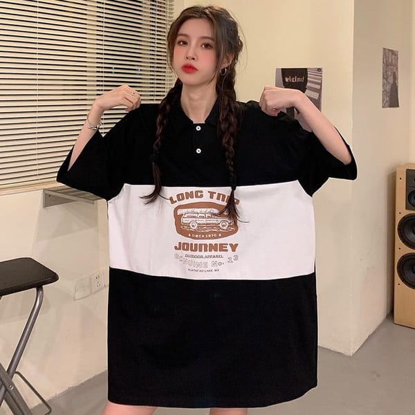 DAYIFUN-Women's Contrast Color Patchwork Printed T-shirts Oversize ShortSleeve Lapel Tshirts Korean Loose Chic Tops Half Sleeve