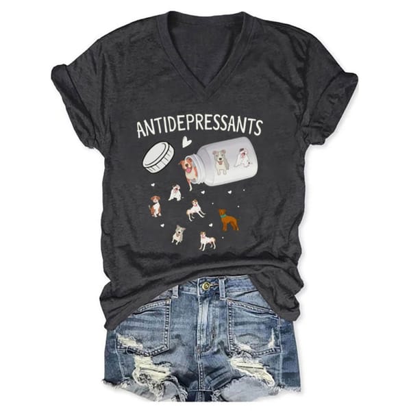Rheaclots Women's Antidepressant Dog Printed V-neck Short Sleeve T-Shirt
