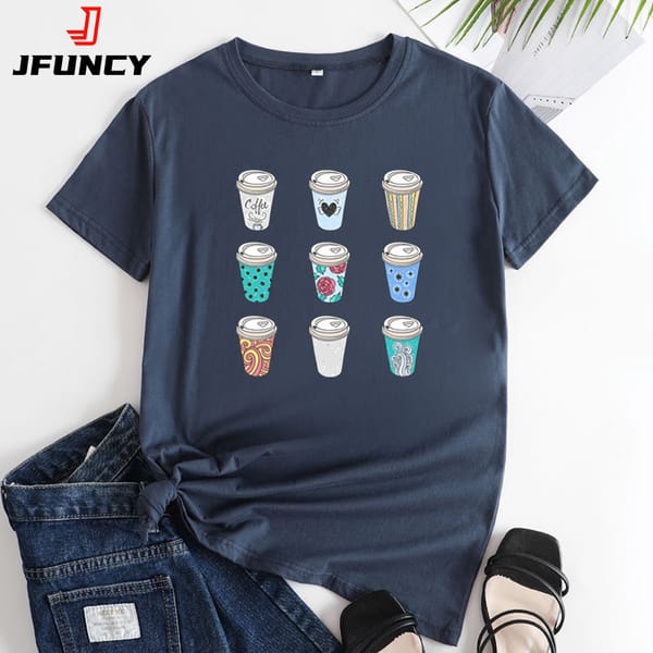 JFUNCY Female T-shirts Women Summer Tops Short Sleeve Tees 2024 New Graphic T Shirts Women's Cotton Tshirt Woman Clothing