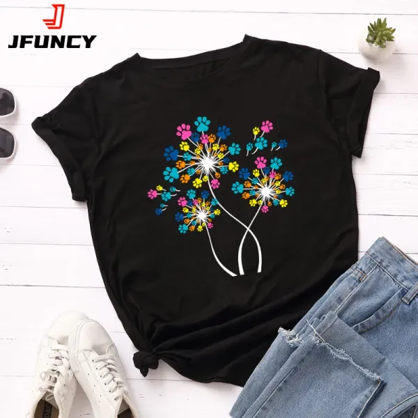 JFUNCY Oversized Women Summer T-Shirt Colorful Flower Graphic T Shirts 2024 Short Sleeve Tee Women's Tops Female Cotton Tshirt