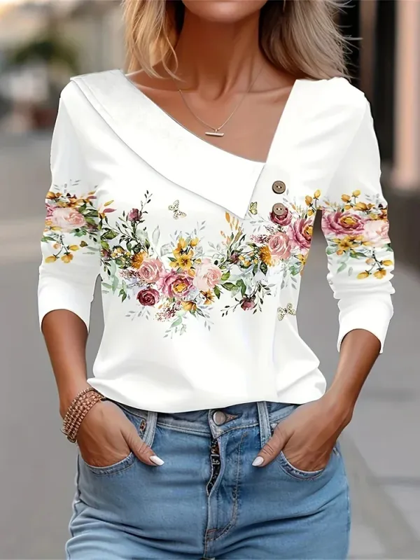 Spring and autumn new women's T-shirt long sleeve diagonal collar color flower print T-shirt2024