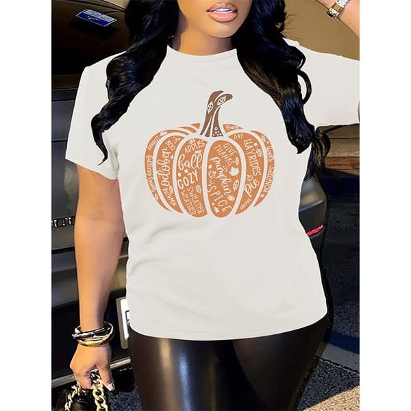 Women's Autumn Pumpkin Fashion Shirt, Girls' Printed Pattern, Fun Short Sleeved T-shirt, Harajuku Casual Round Neck T-shirt