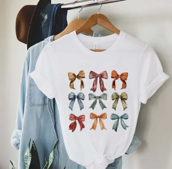 Harajuku T-Shirt Women's Cute Short Sleeved Clothes Bow Printed T-Shirt Fashion Style Women's Summer 90s Casual Printed T-Shirt