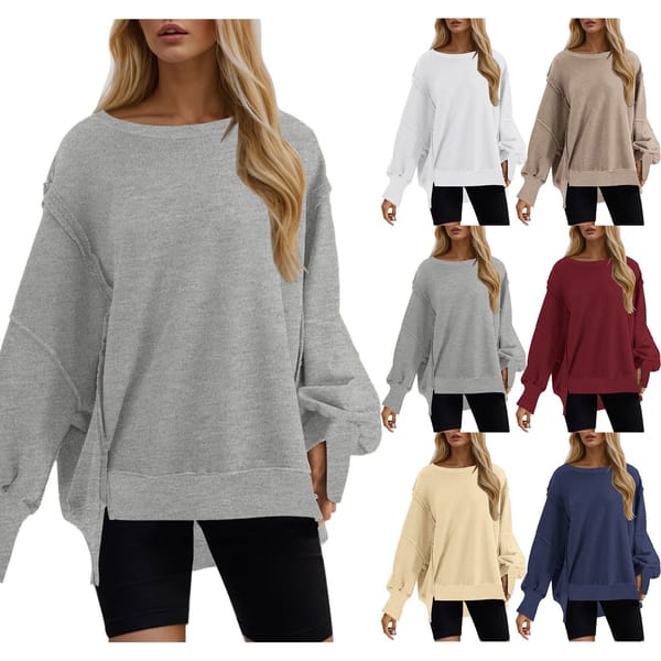 Women's Daily Sweatshirt Oversized Round Neck Solid Color Casual Pullover Tops Mujer Split Long Sleeve Spring Autumn T-Shirts