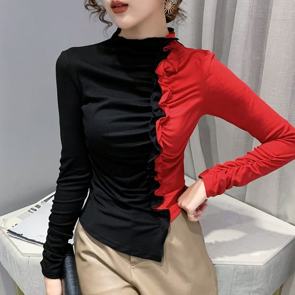 Half High Collar Irregular 2024 Spring New Women's Spliced Color Blocked Pleated Fungus Lace Slim Long Sleeved T-shirt Tops