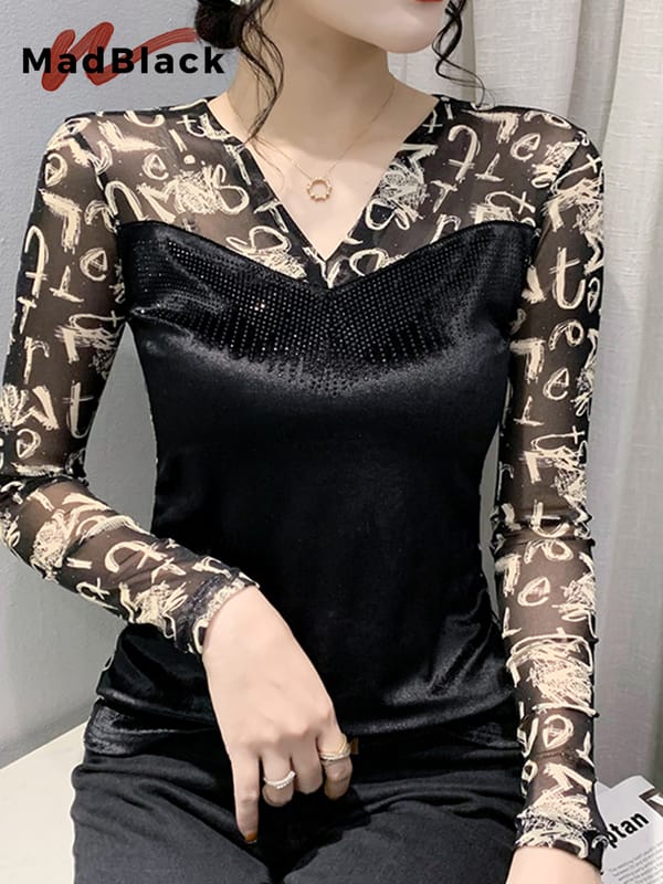 MadBlack Spring V Necks T-shirts Sexy Shinny Hot Drill Slim Mesh Bottoming Tops Women's Long Sleeved Tees Autumn T31424X