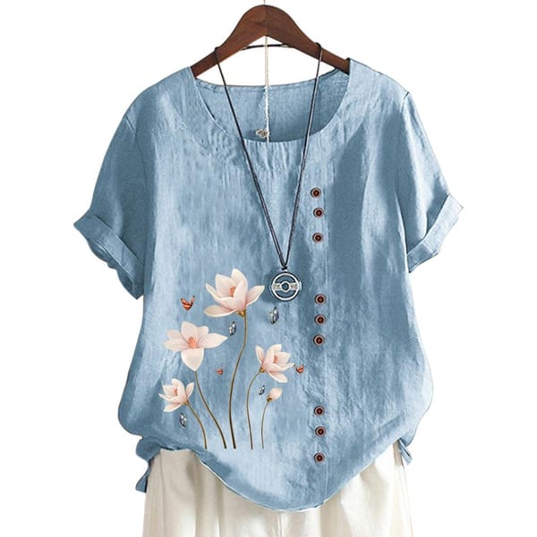 Women's Fashionable Round Neck Short Sleeve Top with Popular Floral Pattern in 11 Colors