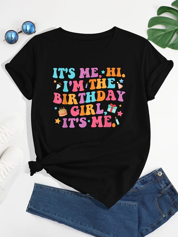 Birthday Girl Letter Print T-shirt - Women's Casual Crew Neck Short Sleeve Tee