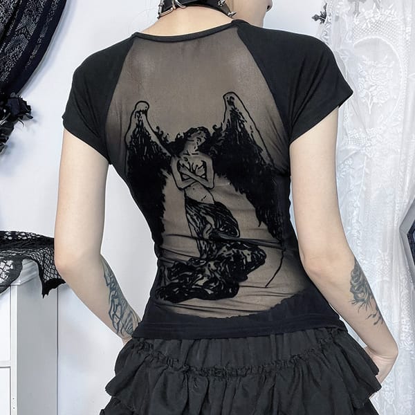 2024 Summer New Women's Black Short-sleeved YK2 Fashion Sexy Slim T-shirt Printed Back See-through Street Girls Tops