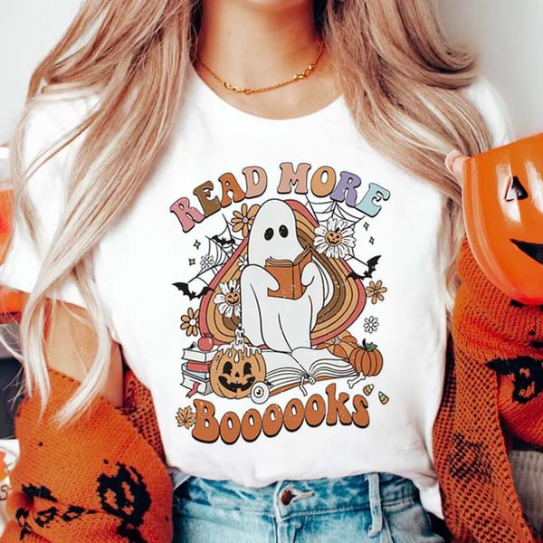 Cartoon Clothing Casual Versatile Fun Retro Read More Books Halloween Ghost Printed Women's Round Neck Harajuku New T-Shirt