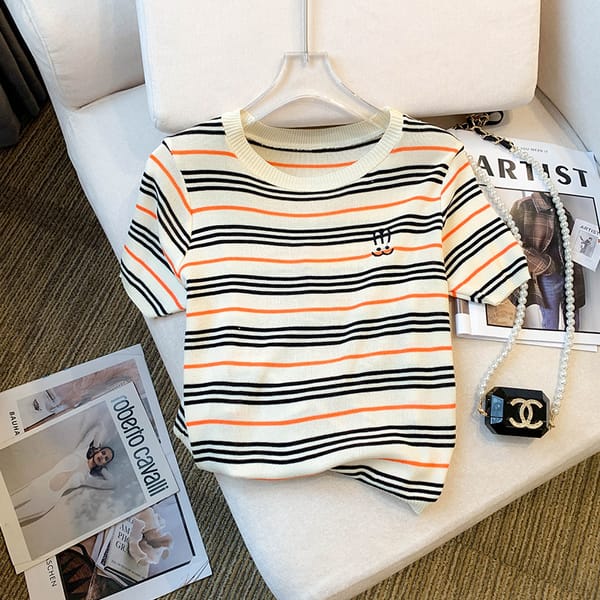 Striped Knitted T-shirt for Women 2024 Summer Office O-neck Short Sleeve Knit Sweater Tops Tees Korean Women's T-Shirt Knitwear