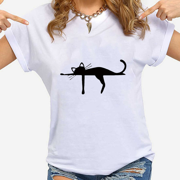 Funny Lazy Cat Pattern Printed T-Shirt Women's Personalized Creative Cat Harajuku Shirt Summer Women's T-Shirt Tops