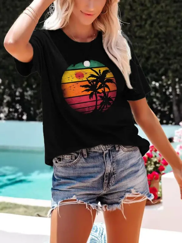 Tropical Vacay Soft Crewneck T-Shirt Shirts for Women Women's Summer Sunset Beach Graphic Tees