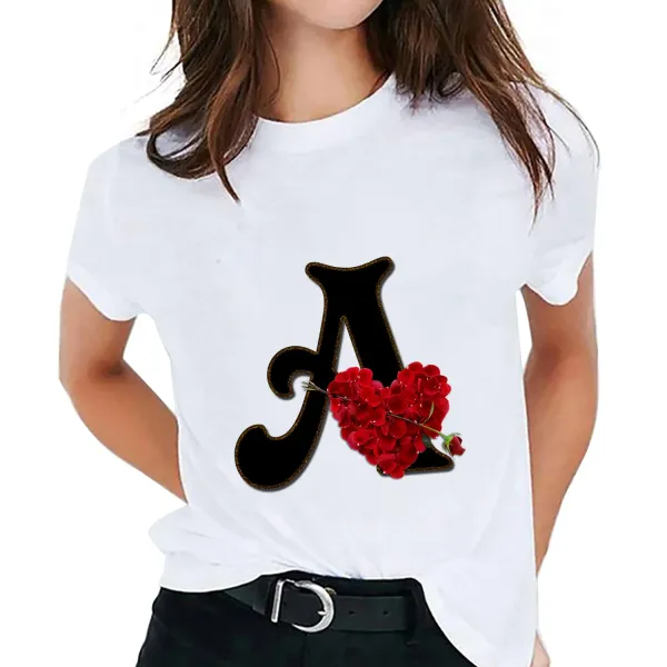 New  Women's T shirt Custom Name Letter Combination Printing Tshirt Flower Letter Font A B C D E F G Short Sleeve Ladies T-Shirt