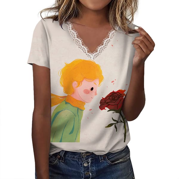 The Little Prince Women's V-neck Short Sleeve Tops 3D Print Healing Fairy Tale Graphics Tee Shirt Elegant Casual Pullover Blouse