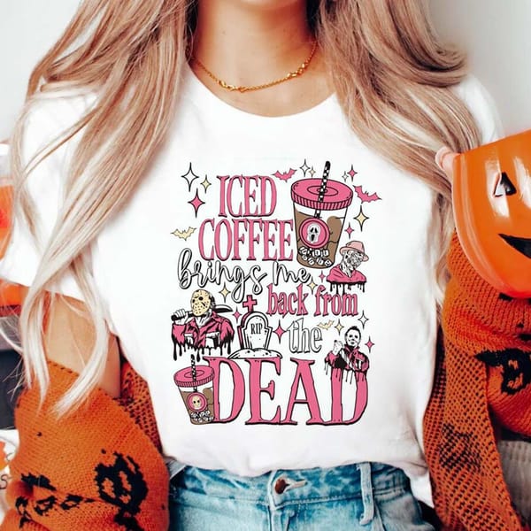 Sweet and Casual Halloween Cute 90s Fashion Women's T-Shirt Coffee Pattern T-Shirt Clothing Women's Short Sleeve Printed T-Shirt