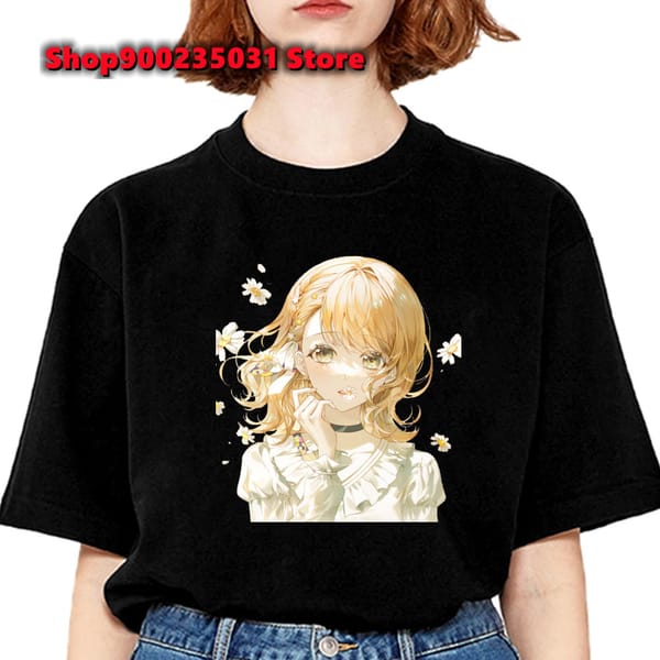 Aesthetic Anime Girl with Flowers Tshirt Women High Quality Women's Round Neck Manga T-shirt Japanese Streetwear Clothes 2024
