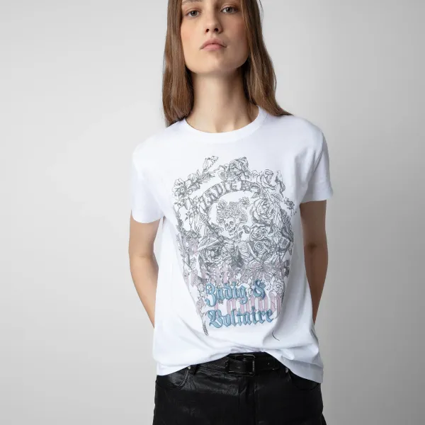 2024 Early Spring New French Niche Classic Skull Flower Print English Embroidery Women's Short-sleeved T-shirt