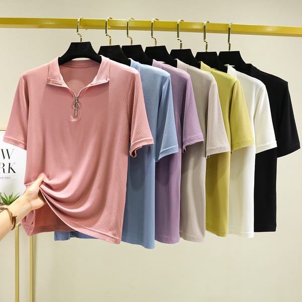 Half Zipper Tshirts Short sleeves Summer women's Rib mask T-shirts Base slim Tee Tops Slim bottoming Top solid color