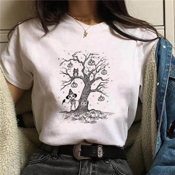 Fashion Summer O-Neck Retro Halloween T-shirt Top Funny Pumpkin Print T-shirt Short Sleeve Women's 90's Graphic Basic T-shirt.