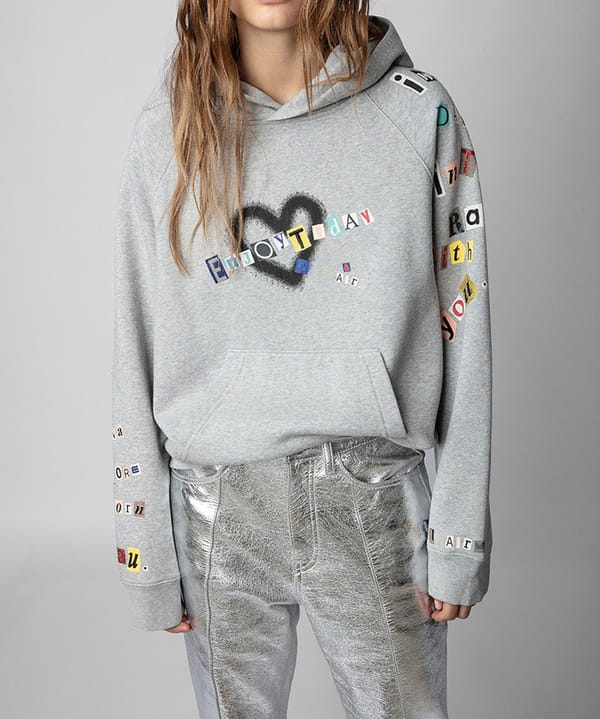 Heart Letter Diamond Embroidery Hooded Women's Sweatshirt Fleece Lined Colorful Single Letter Pocket Pullover Hoodie Sweatshirt