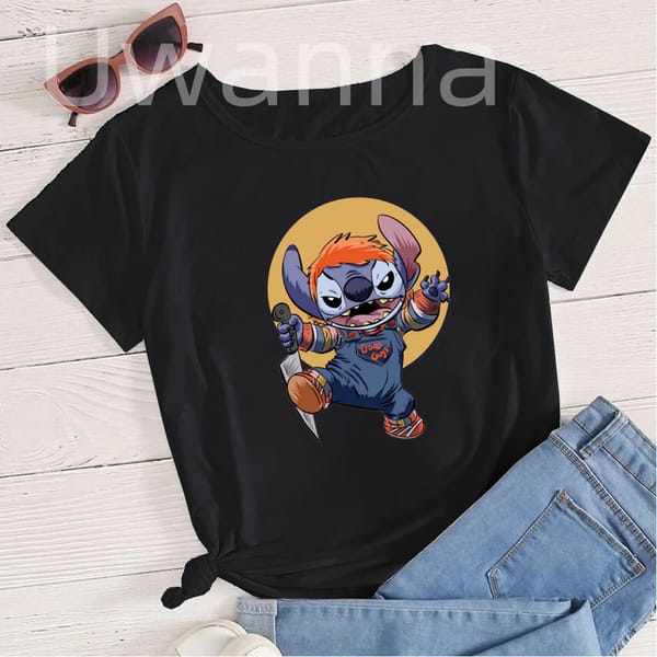 Fun Cartoon Horror Stitch T-shirt Women's Cute T-shirt Black Summer Street Clothing T-shirt Fashion Y2k Top Women's Clothing