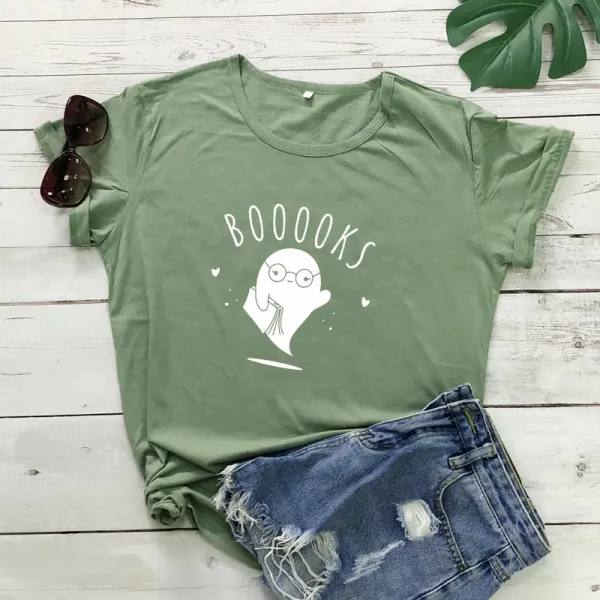 Y2k Short Sleeves T-shirt Booooks Ghost Cotton T-shirt Funny Halloween Gift Top Cute Women's Graphic Book Reading Tee