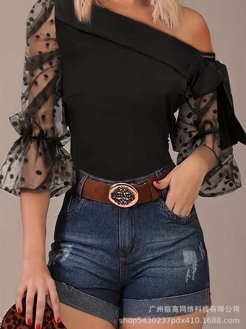 Women's Commuting Off Shoulder Flare Sleeve Top Temperament Female Clothing New Fashion Women Polka Dot Elegant T-Shirt