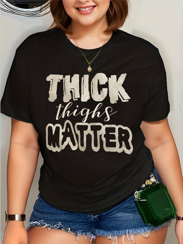 Women's Plus Size Glitter Letter Print Short Sleeve Casual T-shirt with High Stretch