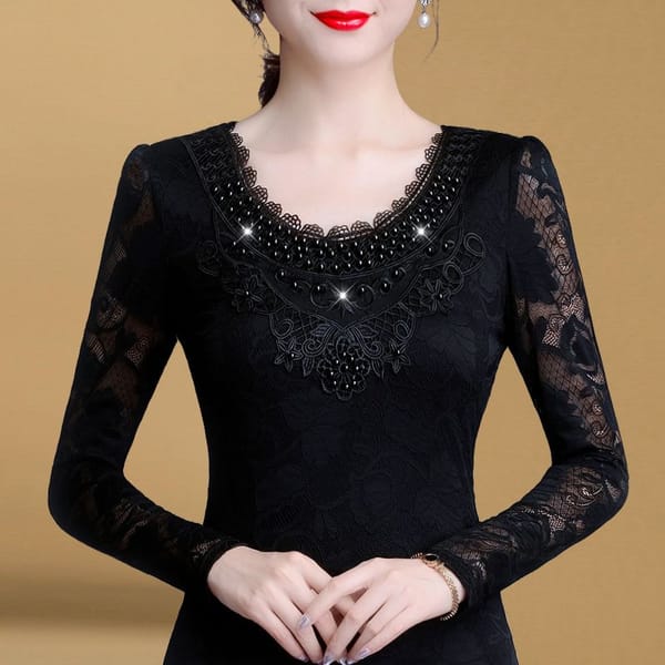 Spring Autumn Round Neck Women's Solid Color Pullover Lace Patchwork Long Sleeve Hollow OutT-shirt Fashionable Casual Tops