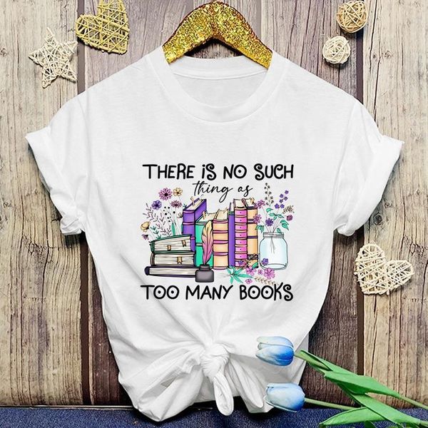 Book and Floral Pattern Printed T-Shirt Women's Casual Book Lovers Round Neck Short Sleeve Shirt Women's Fashion Book T-Shirt