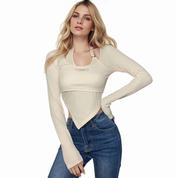 Women's Top Autumn Outfit Solid Color  False Two Pieces Halterneck