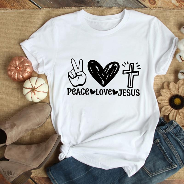 Women's New Fashion PEACE LOVE JESUS Printed T-shirt Casual Personalized Comfortable Outdoor T-shirt Jesus Harajuku Pattern Sh