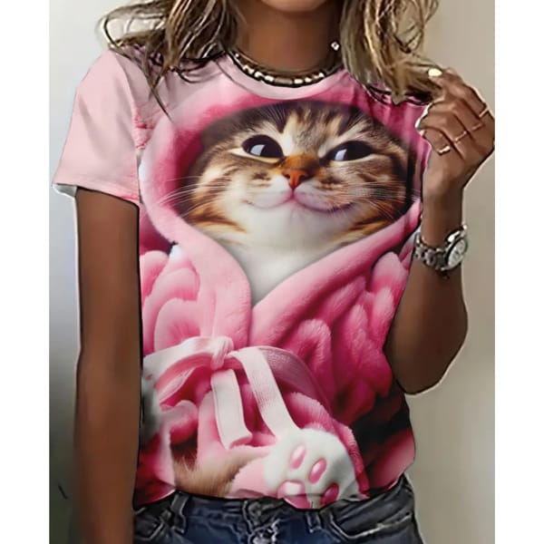 Women's T Shirt Animal Graphic 3d Print Top Summer Short Sleeve pink cute cat Tees Harajuku Streetwear Fashion Casual Female