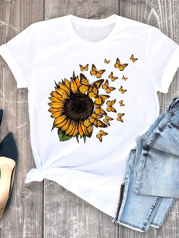2023 New Pattern T-Shirt Sunflower Butterfly Lovely Summer Casual Wear Round Neck Short Sleeve Women's Printing Fashion