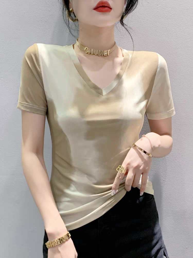 Summer Mesh Tee Shirts Girl Printed V-neck Short Sleeved T-shirt Women's Fashion Print Slim T Shirts BH9650
