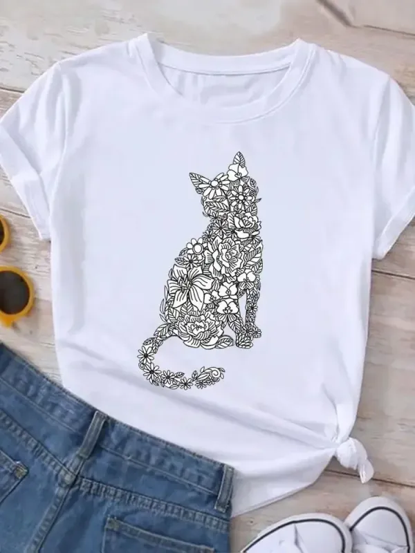 Women's Fashion Crew-Neck Cute Kitten Print Summer Trend Women's Y2K Top Trend Breathable Crisp Short Sve T-Shirt