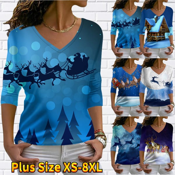 Women's Casual Daily Active Streetwear Tee T Shirt Christmas Reindeer Print Graphic Sparkly Basic Long Sleeve V Neck XS-8XL