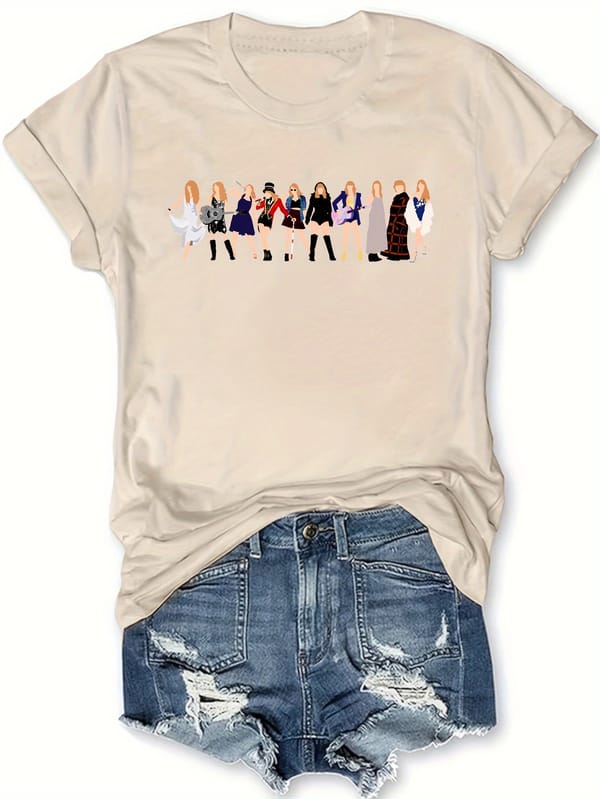 Women's Cartoon Print Crew Neck T-Shirt - Casual Short Sleeve Top for Spring & Summer