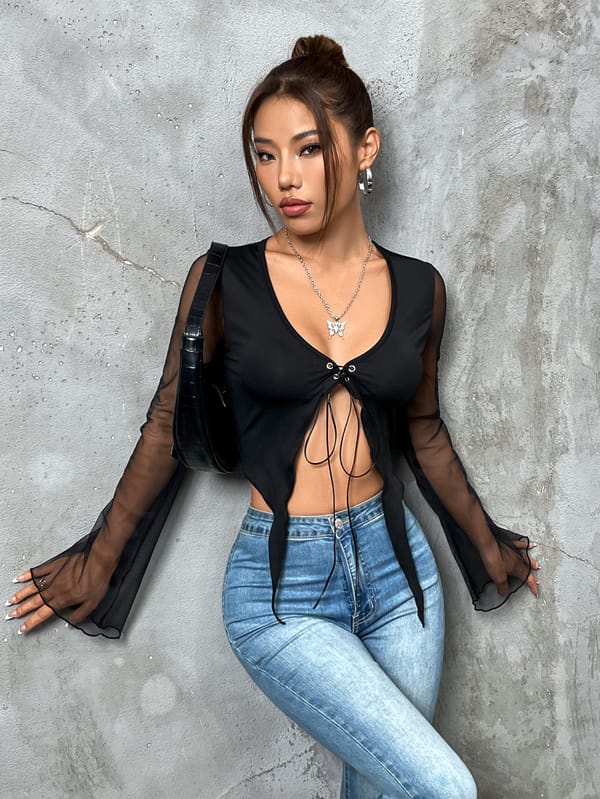 Women's Punk Sexy V-Neck Panel Flare Sleeve Front Chest Strap Butterfly Shape Top Casual Club