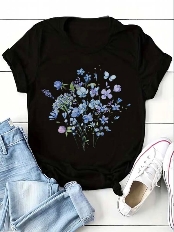T-Shirt Women's Printed Top Fashion Casual Clothing Short Sleeved Cartoon Trend Flower Printed Pattern Women's T-Shirt Clothing.