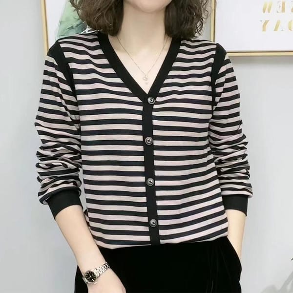 Fashion Button Spliced V-Neck Striped Tops Casual All-match Long Sleeve Pullovers T-shirt Women's Clothing Autumn