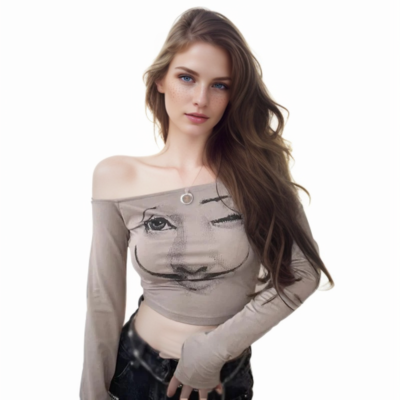 Women's Tops Face Printed One Shoulder T-shirt Long Sleeve Slim Short Tops