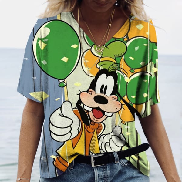 2024 Plus Size Spring/Summer New Goofy Print Casual Fashion Women's V-Neck Short-Sleeved Loose T-Shirt 3XL