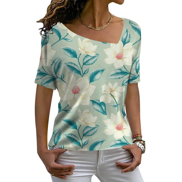 3D Flower Printed Women's V-Neck Short Sleeves Tops Fashion Diagonal Collar T Shirts Loose Casual Streetwear Blouse Tees Office