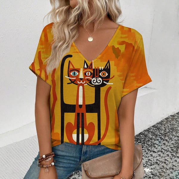 2024 Fashion Women's Leisure Short Sleeve T-ShirtTop Women Summer Women's V-neck T-Shirt Funny Cats Pattern Print T-Shirt