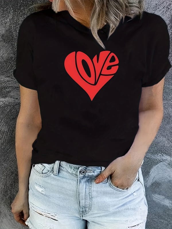 LOVE Print Crew Neck T-Shirt, Casual Short Sleeve Top For Spring & Summer, Women's Clothing