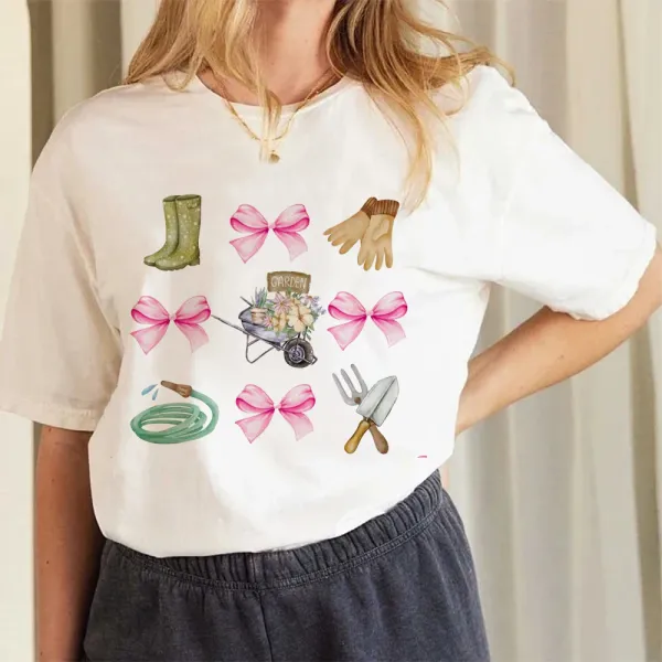 Gardening Lover Print Trend Casual Style Women's O-Neck T-Shirt Fun 90s Short Sleeved Cute Basic O-Neck Top Style Summer T-Shirt