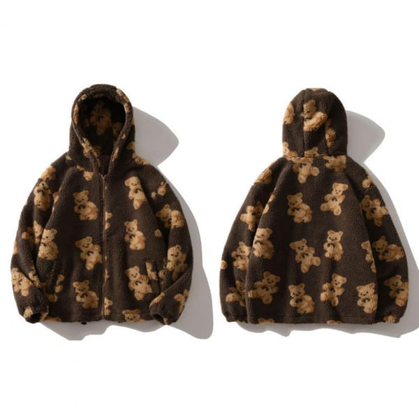 Bear Heart Pattern Sweatshirt Women Sweatshirt Coat Heart Bear Print Outwear Women's Cozy Fleece Hooded Jacket for Autumn/winter