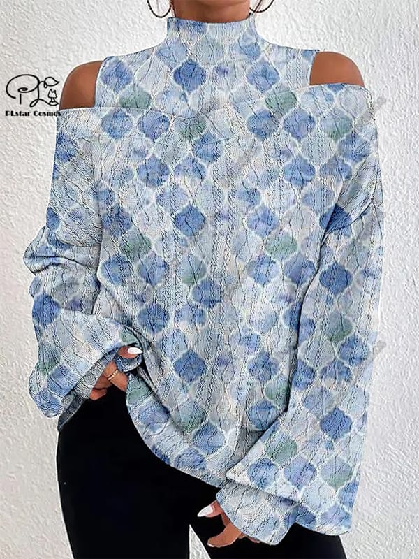 PLstar Cosmos new 3D printed small floral women's lantern sleeve off-shoulder cable pattern top casual long sleeve S-3